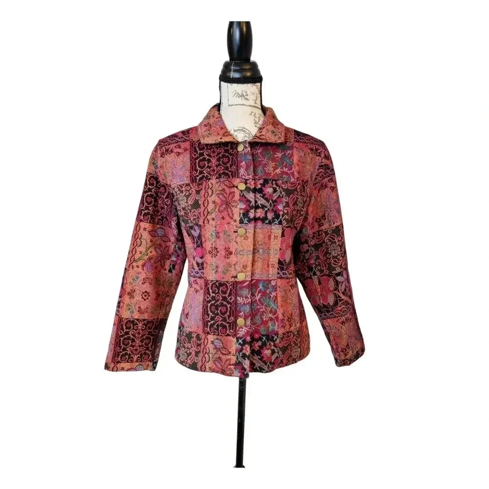 Multiples Tapestry Jacket Size S Patchwork Boho Floral‎ Multicolor Collared